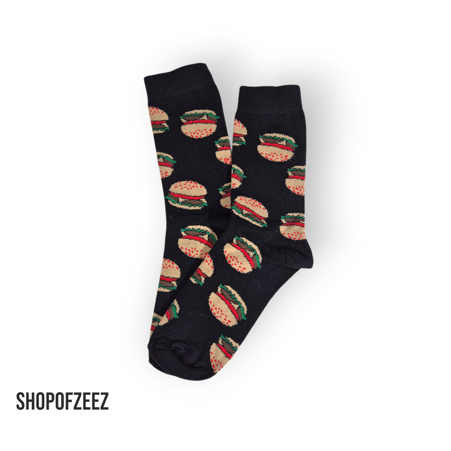 Hamburger Socken – Schwarz mit Burger-Motiv – Lustige Unisex Baumwollsocken