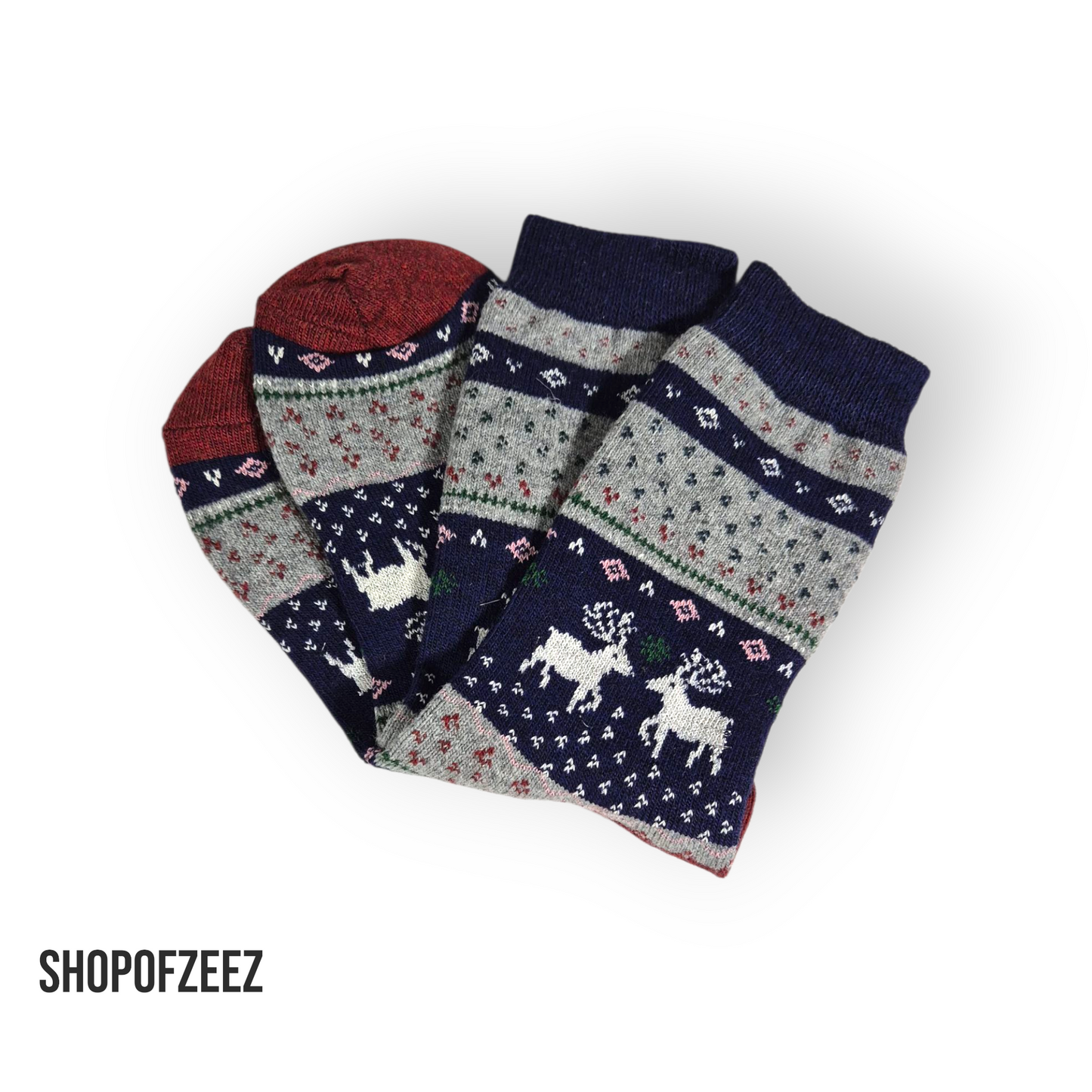 grau-marineblau-burgunderrote Weihnachtssocken mit Rentier