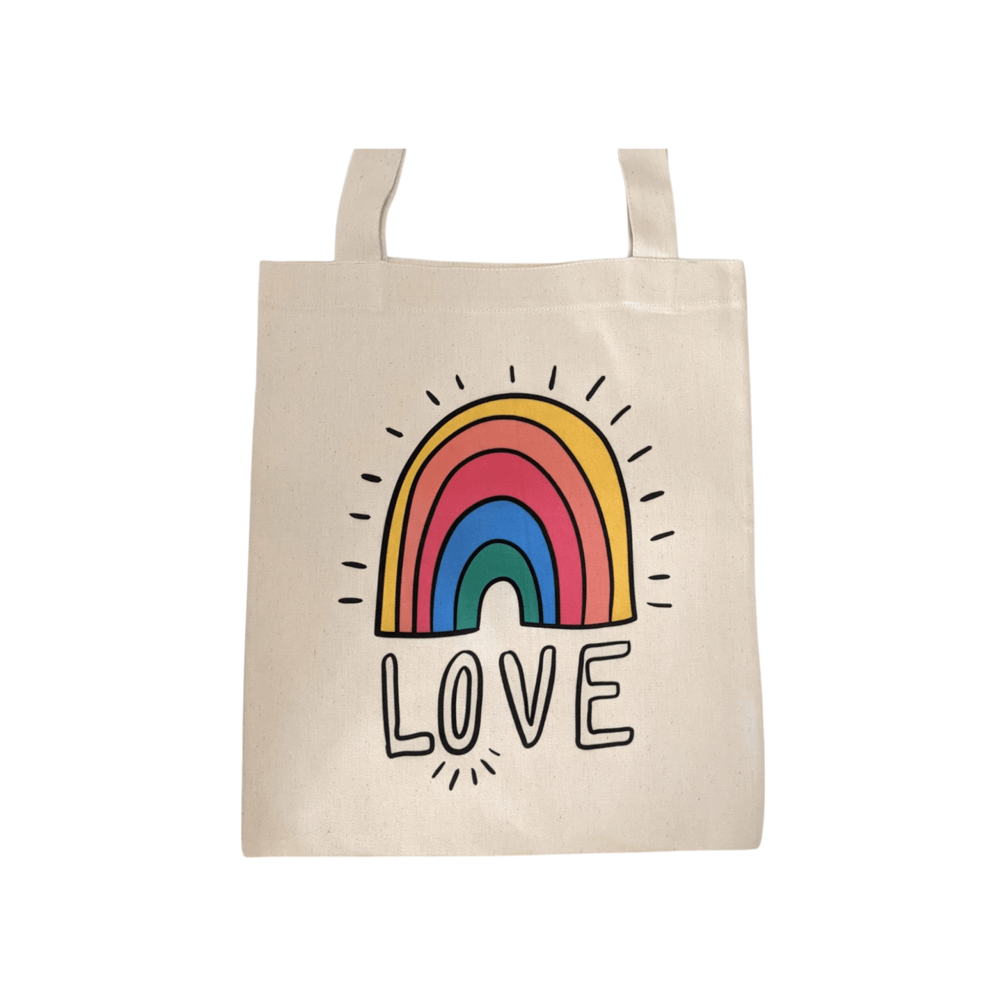Baumwolltasche mit Regenbogen & LOVE - Aufdruck – Nachhaltiger Jutebeutel mit Botschaft - Shop of Zeez