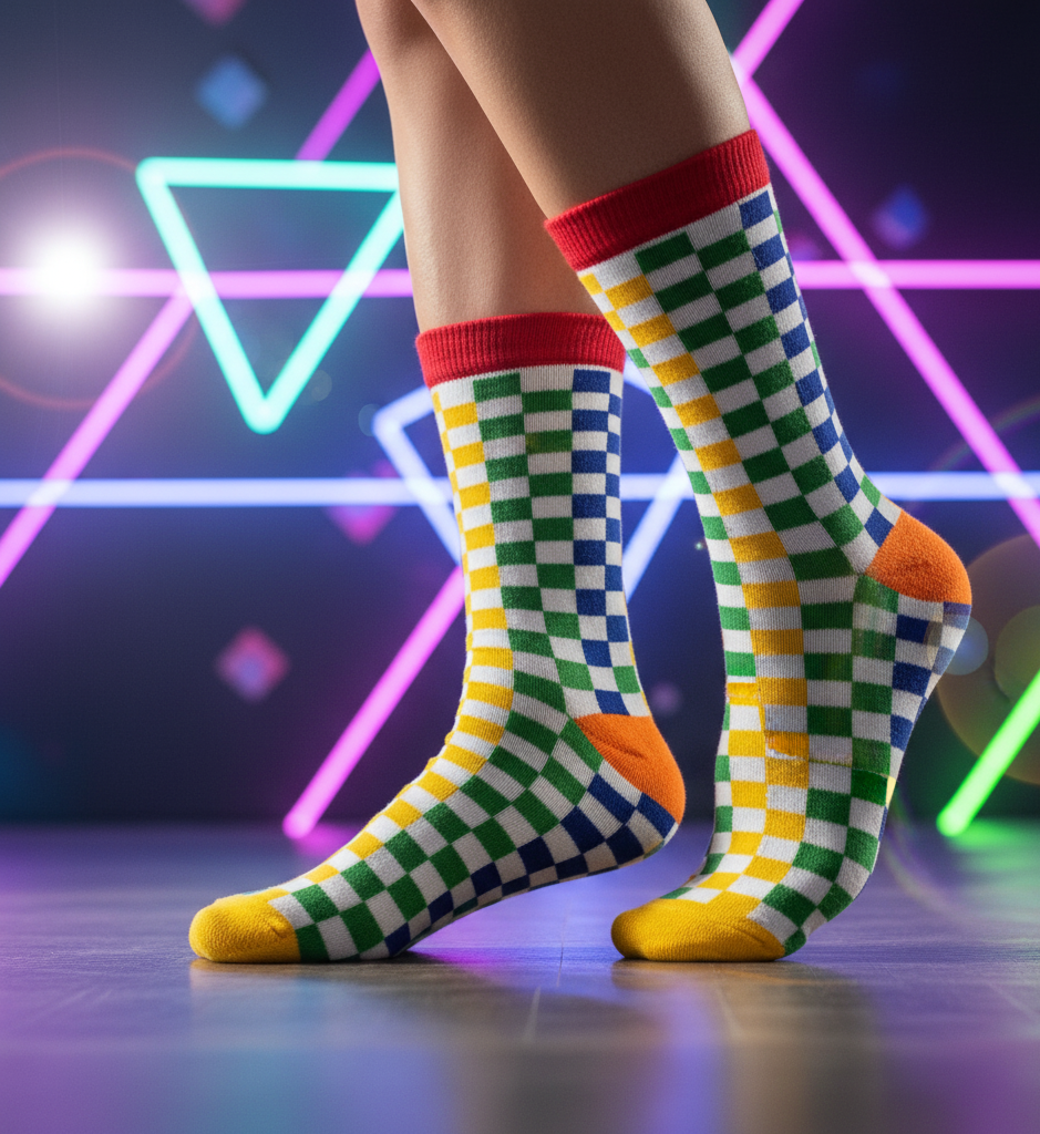 Regenbogenfarbene Socke mit kariertem Muster