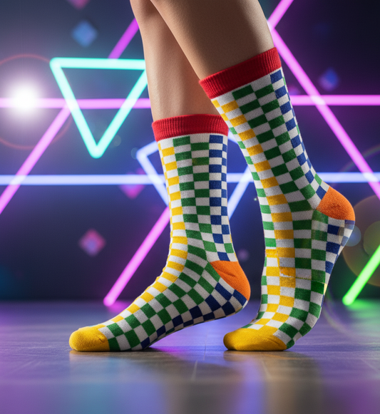 Regenbogenfarbene Socke mit kariertem Muster