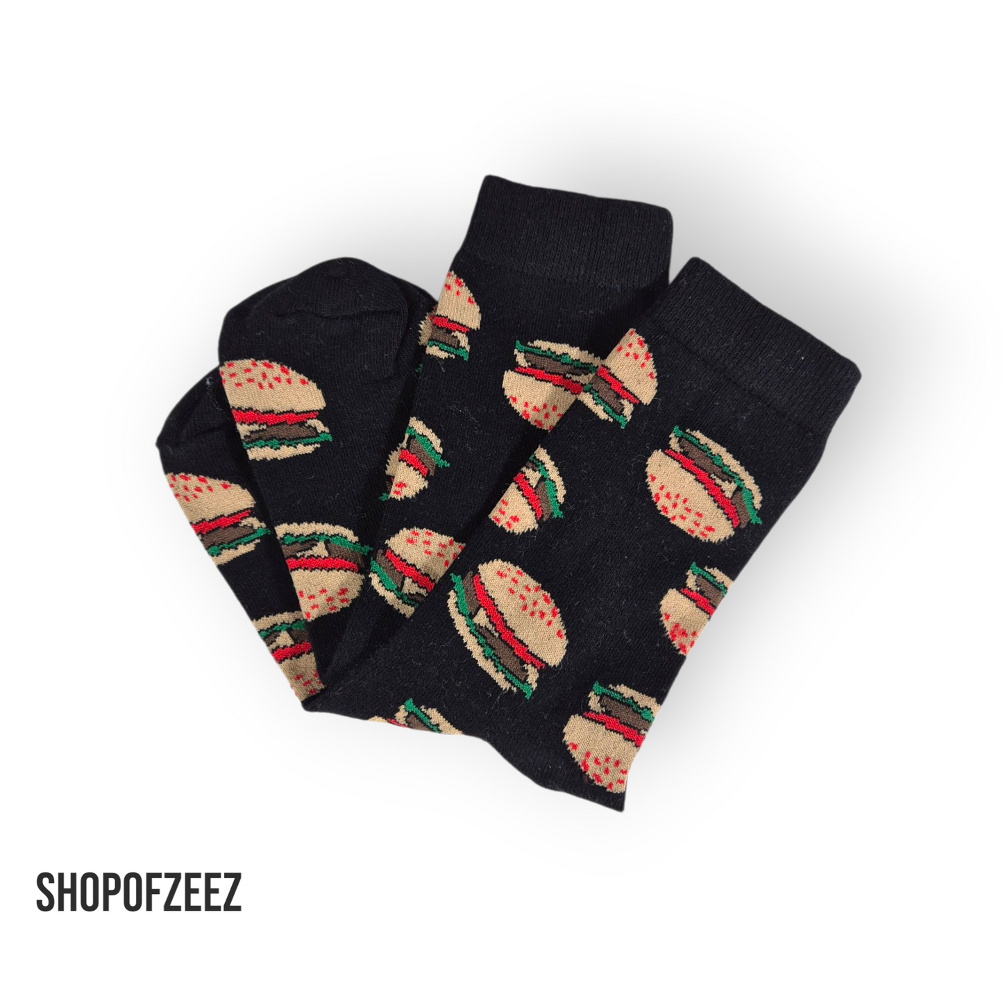 Hamburger Socken – Schwarz mit Burger-Motiv – Lustige Unisex Baumwollsocken