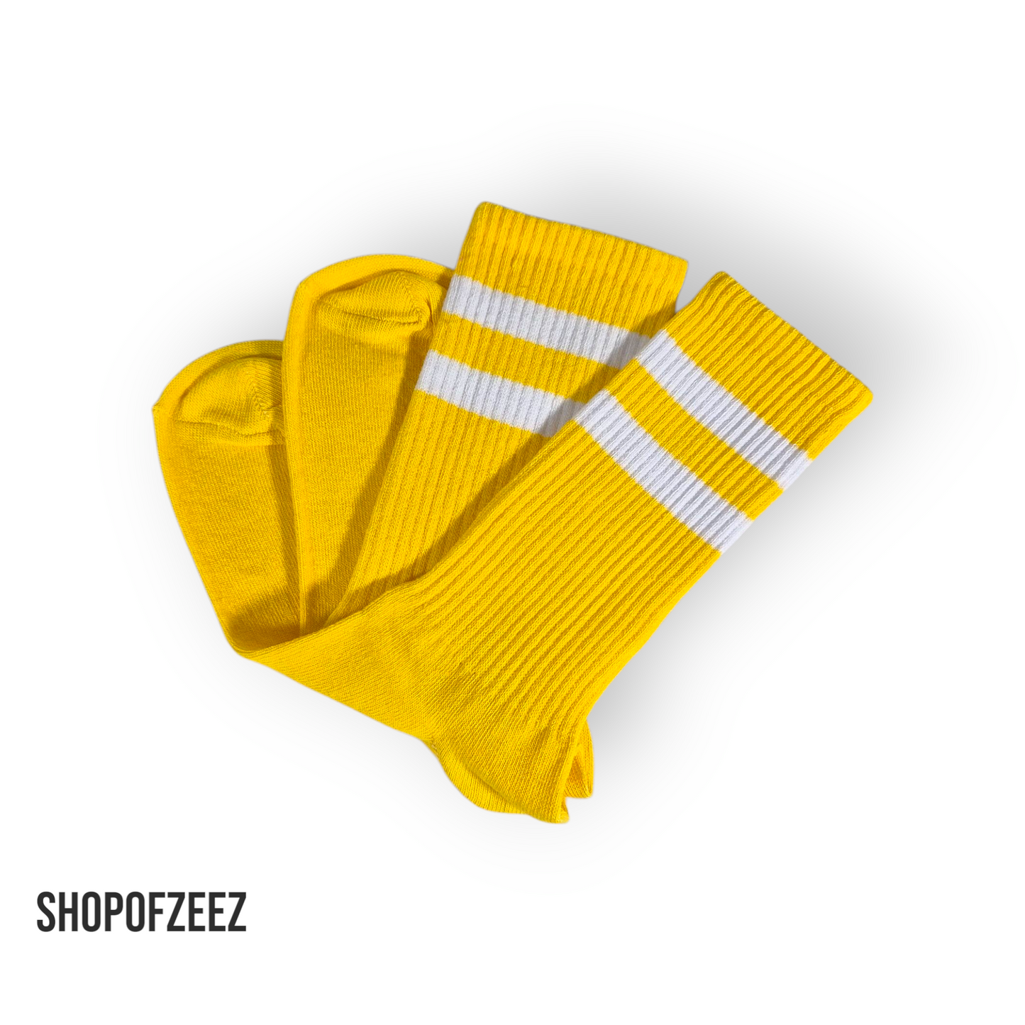 Gelbe Retro-Sportsocken mit weißen Streifen, Einheitsgröße: 37-44