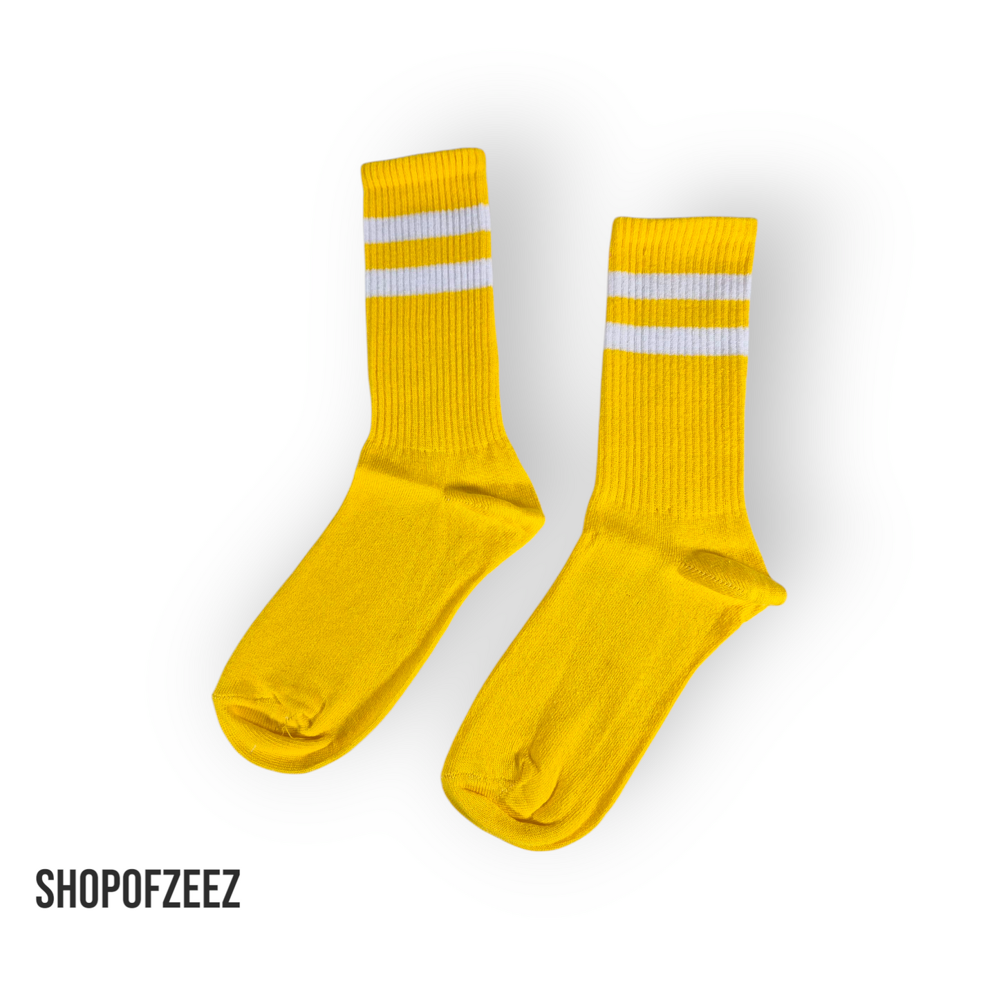 Gelbe Retro-Sportsocken mit weißen Streifen, Einheitsgröße: 37-44