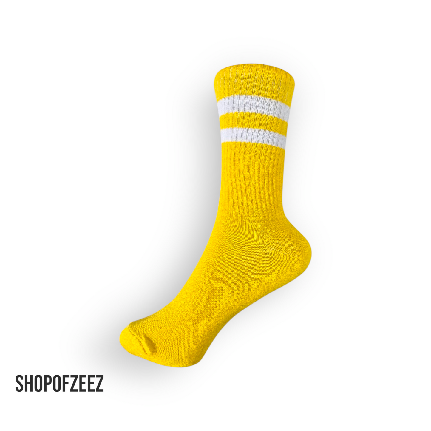 Gelbe Retro-Sportsocken mit weißen Streifen, Einheitsgröße: 37-44