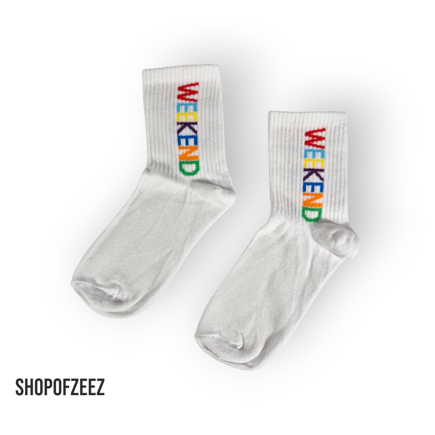 weiße Unisex-Socken mit „WEEKEND“-Motiv