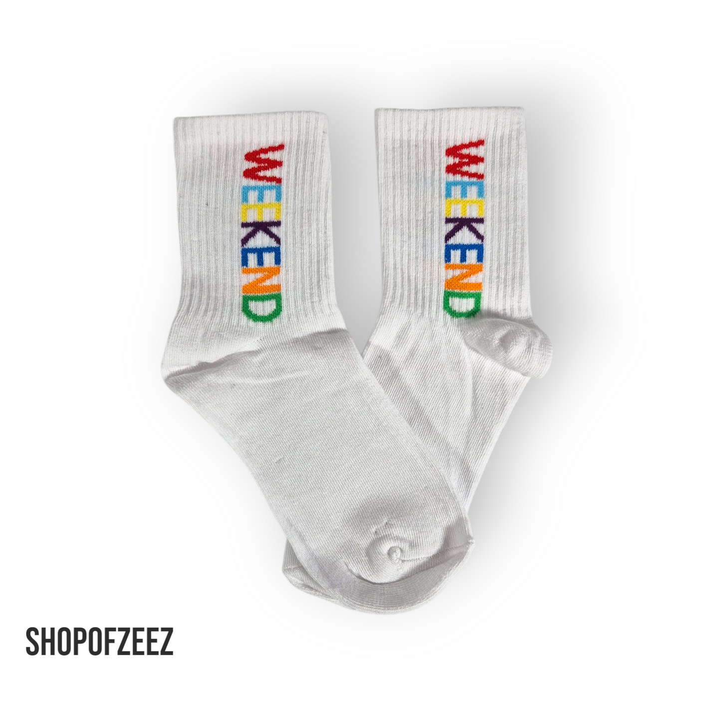 weiße Unisex-Socken mit „WEEKEND“-Motiv