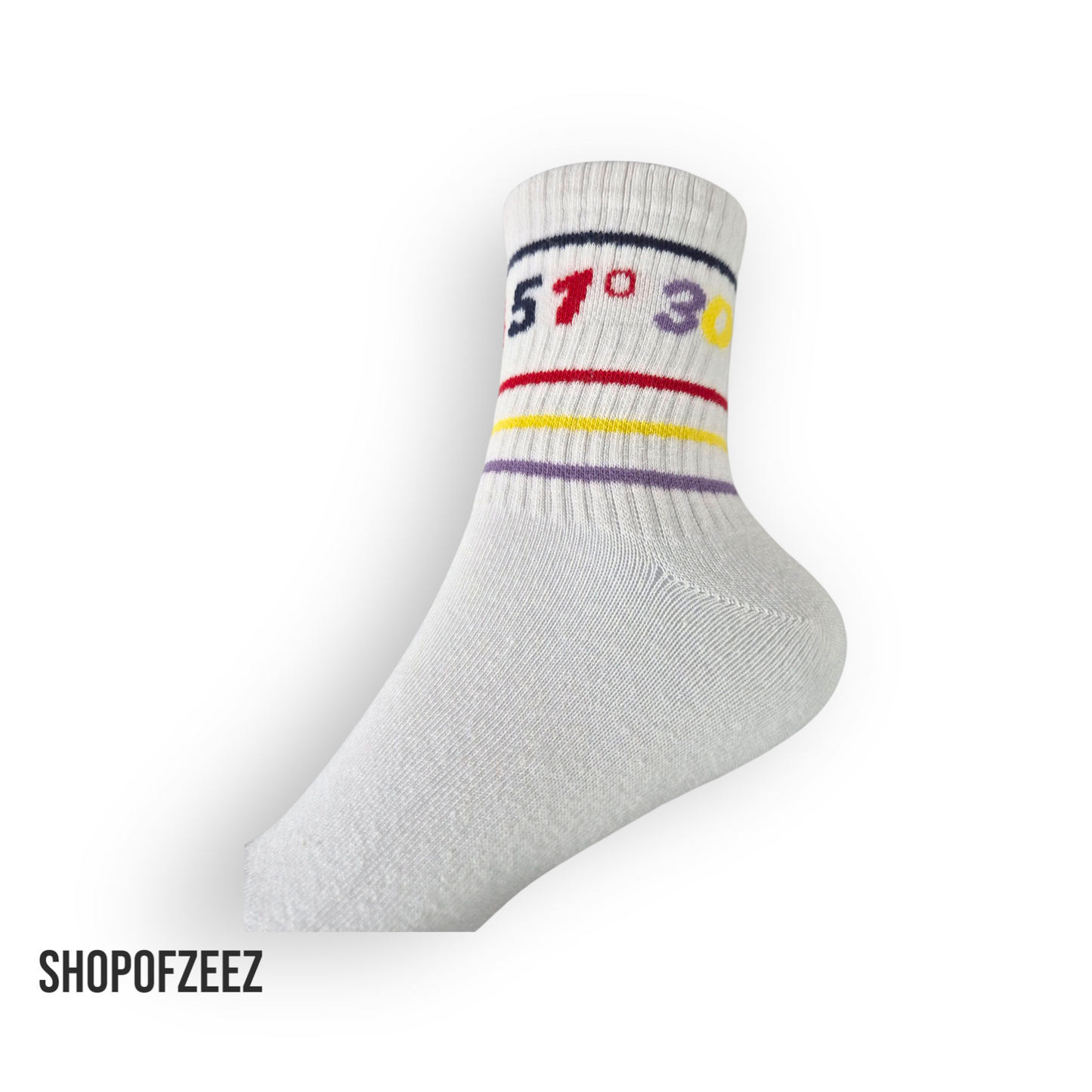 Klassische weiße Sportsocken mit den Koordinaten "51°30''