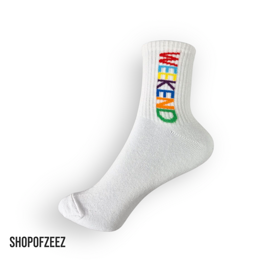 weiße Unisex-Socken mit „WEEKEND“-Motiv