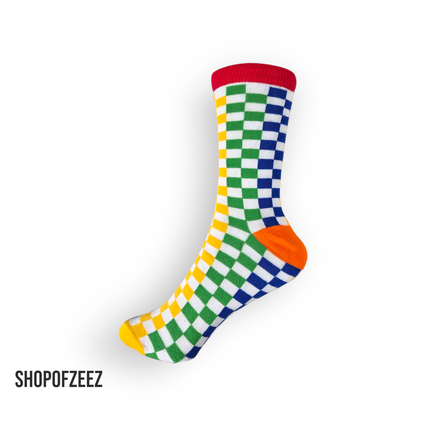 Regenbogenfarbene Socke mit kariertem Muster