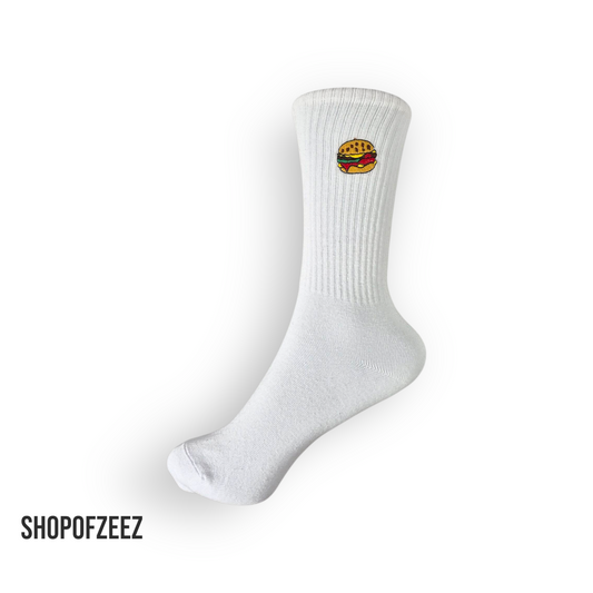 Weiße Sportsocken mit Fastfood-Stickerei – Burger – Lustige Unisex Socken