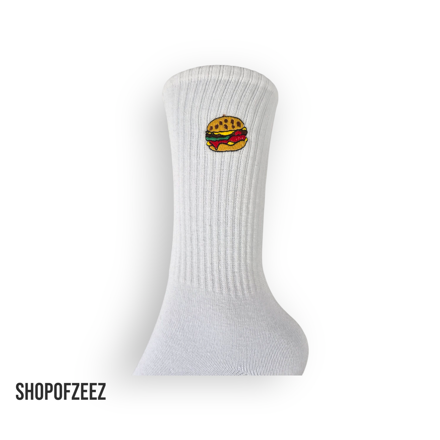 Weiße Sportsocken mit Fastfood-Stickerei – Burger – Lustige Unisex Socken