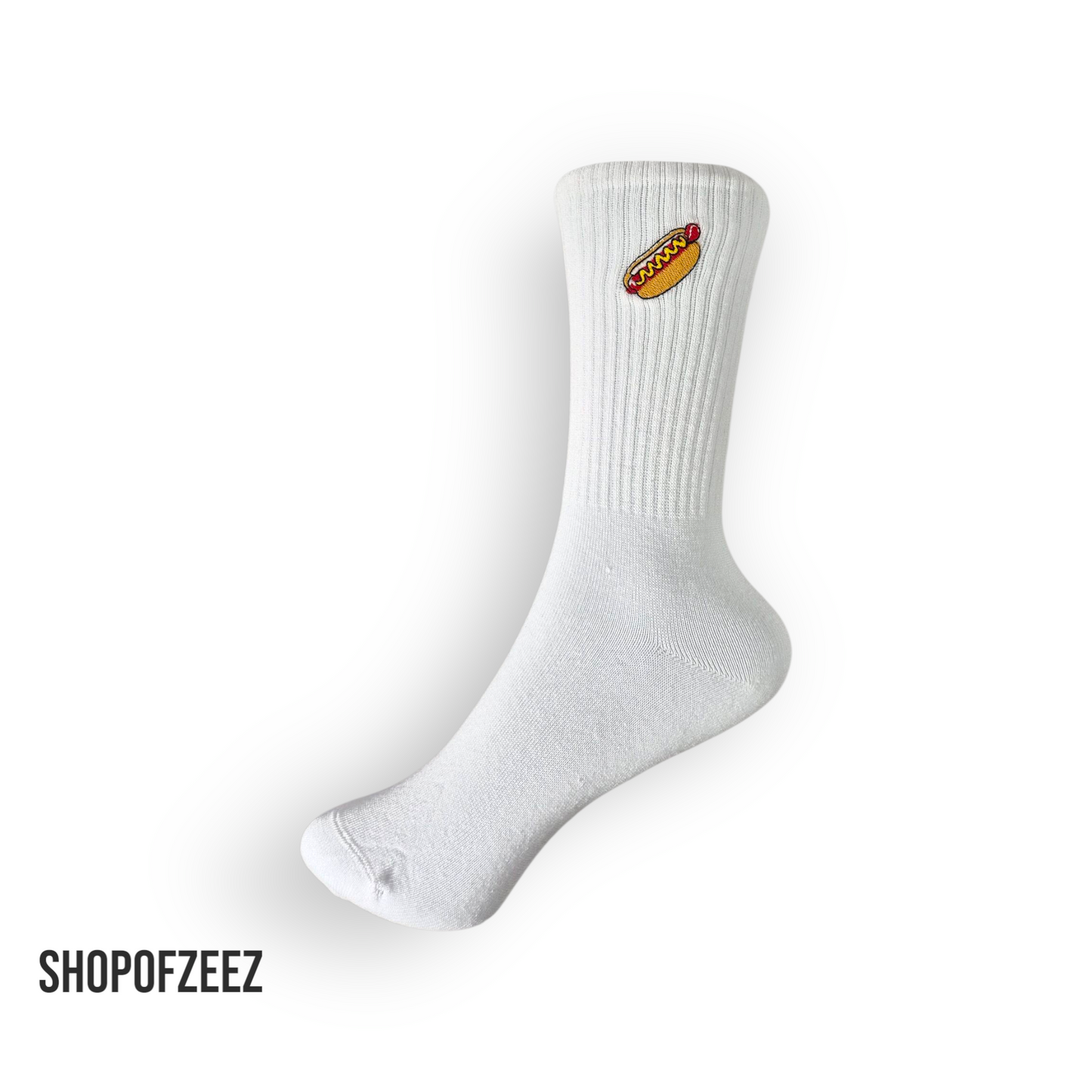 Weiße Sportsocken mit Fastfood-Stickerei – Hotdog – Lustige Unisex Socken
