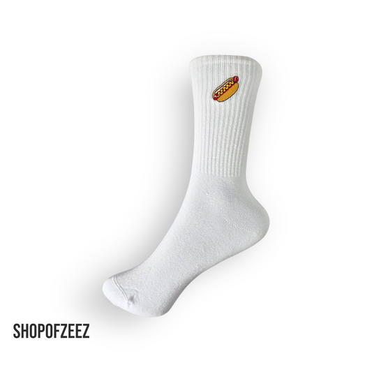 Weiße Sportsocken mit Fastfood-Stickerei – Hotdog – Lustige Unisex Socken