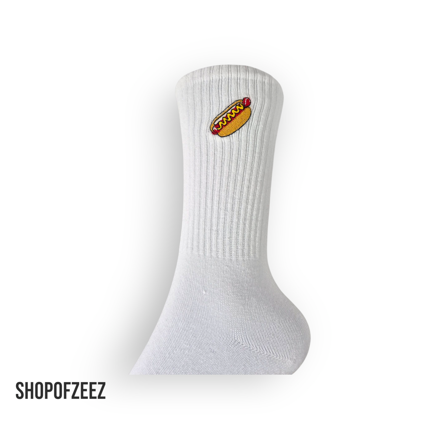 Weiße Sportsocken mit Fastfood-Stickerei – Hotdog – Lustige Unisex Socken