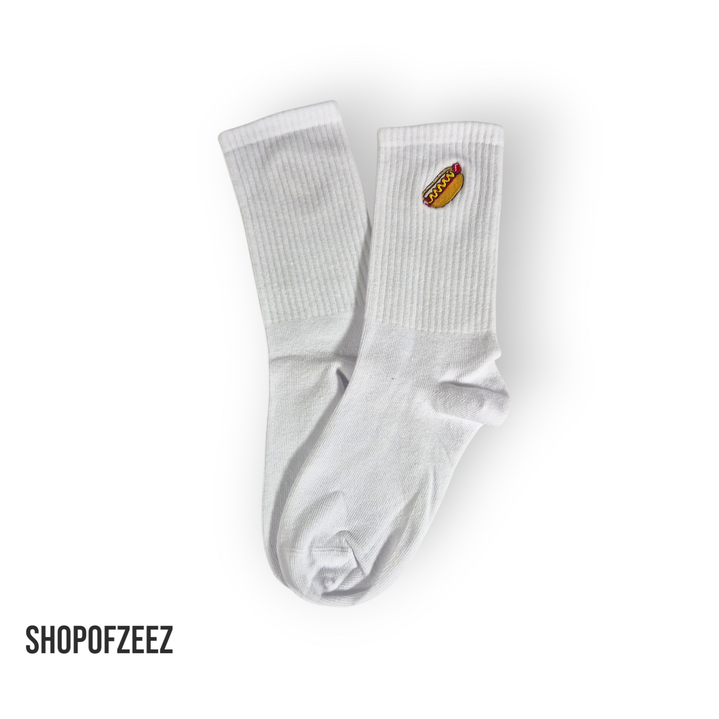 Weiße Sportsocken mit Fastfood-Stickerei – Hotdog – Lustige Unisex Socken