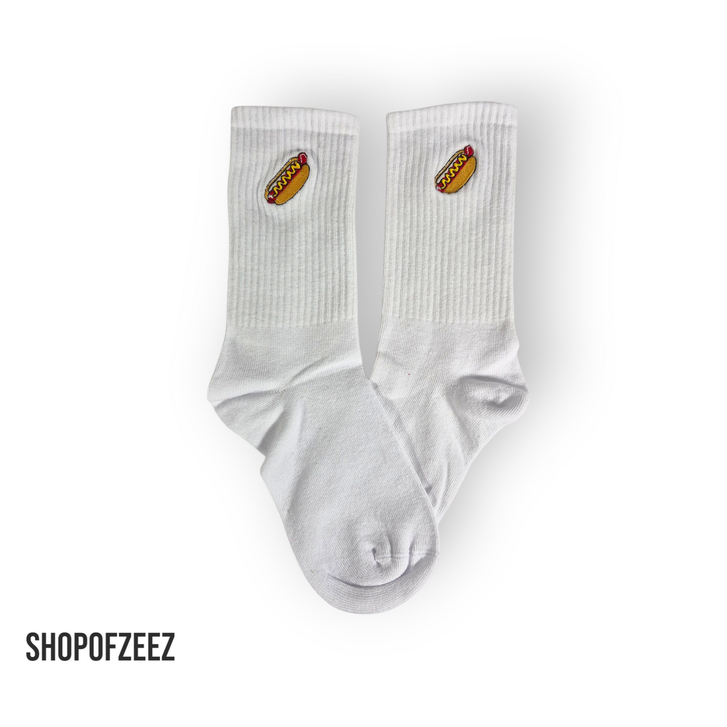 Weiße Sportsocken mit Fastfood-Stickerei – Hotdog – Lustige Unisex Socken