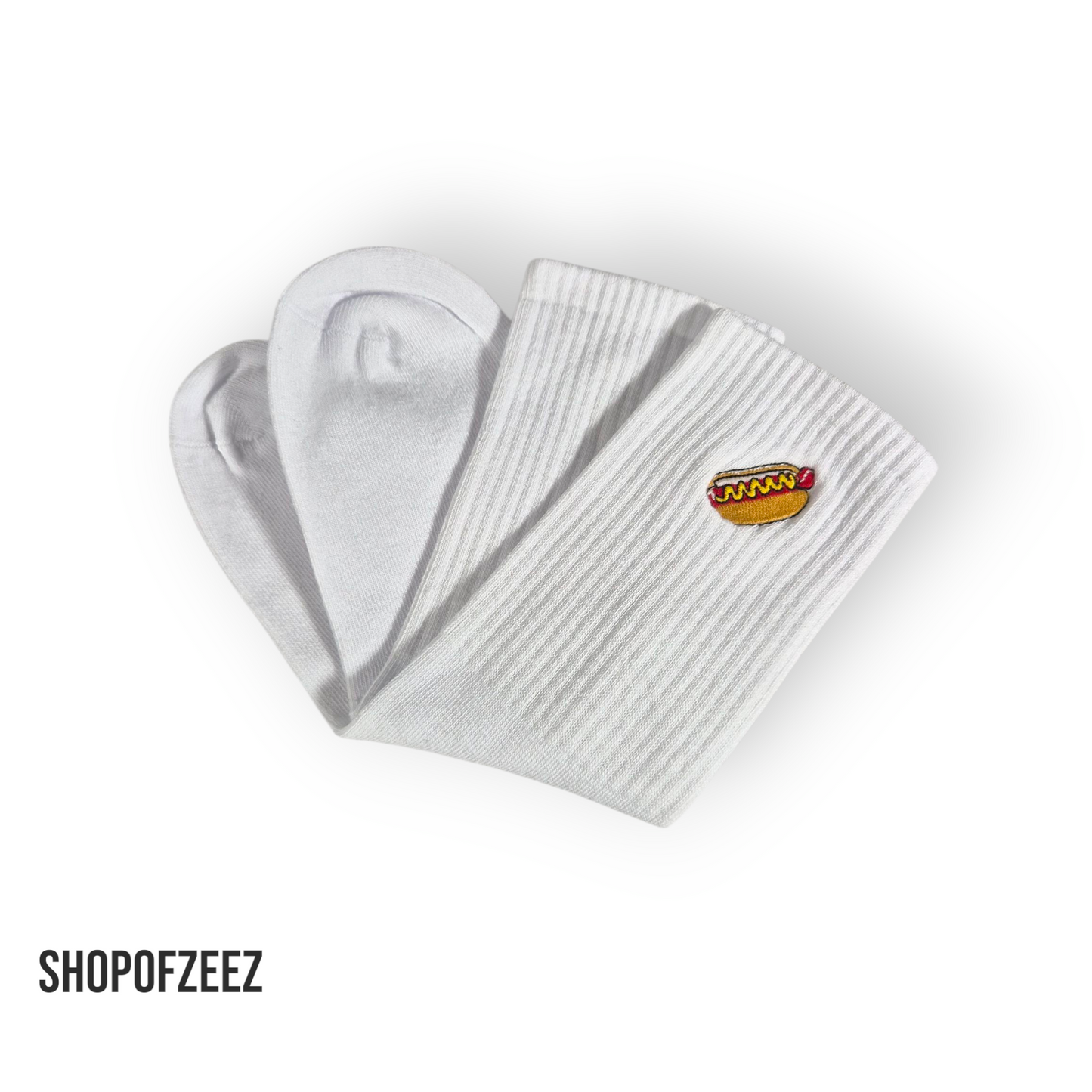 Weiße Sportsocken mit Fastfood-Stickerei – Hotdog – Lustige Unisex Socken