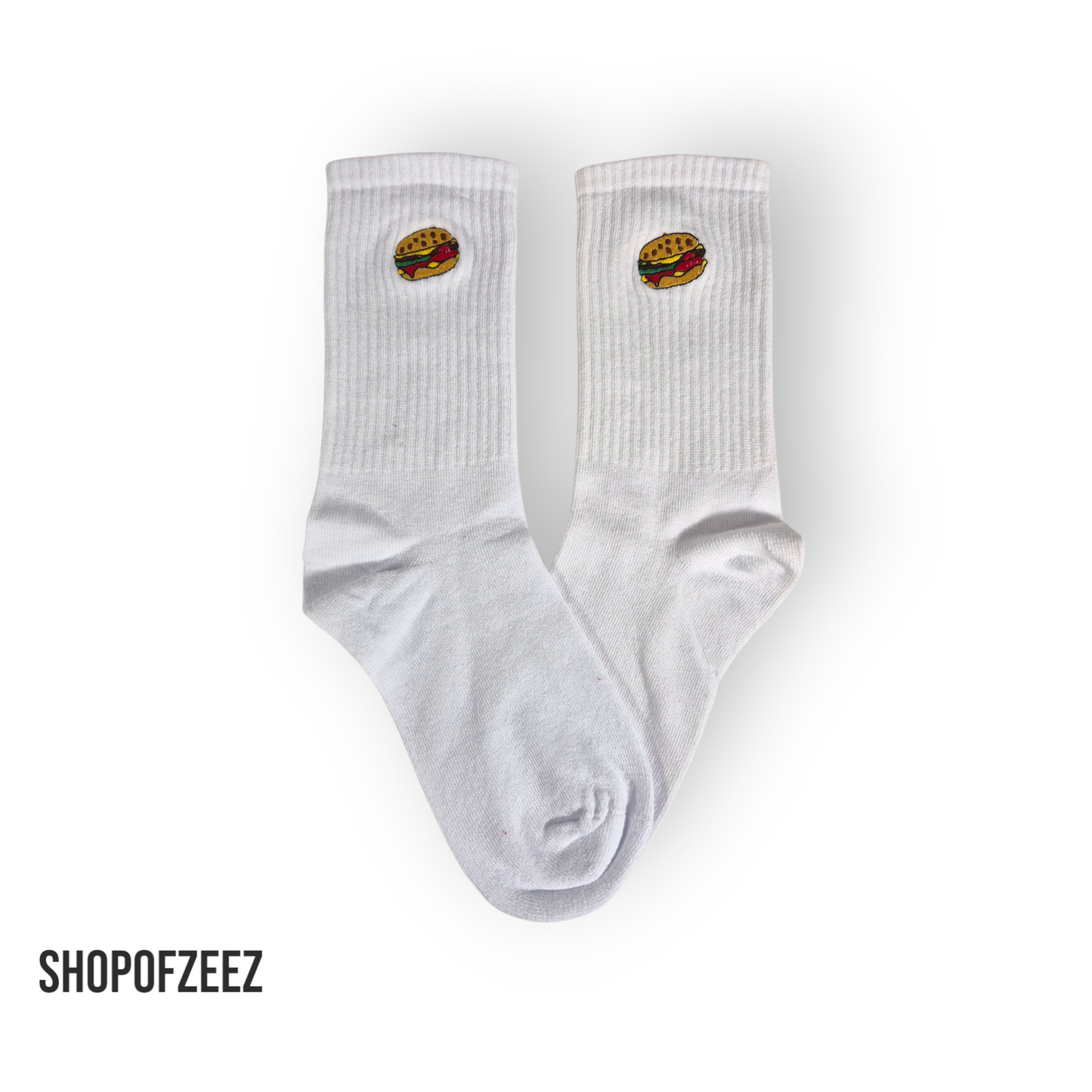 Weiße Sportsocken mit Fastfood-Stickerei – Burger – Lustige Unisex Socken