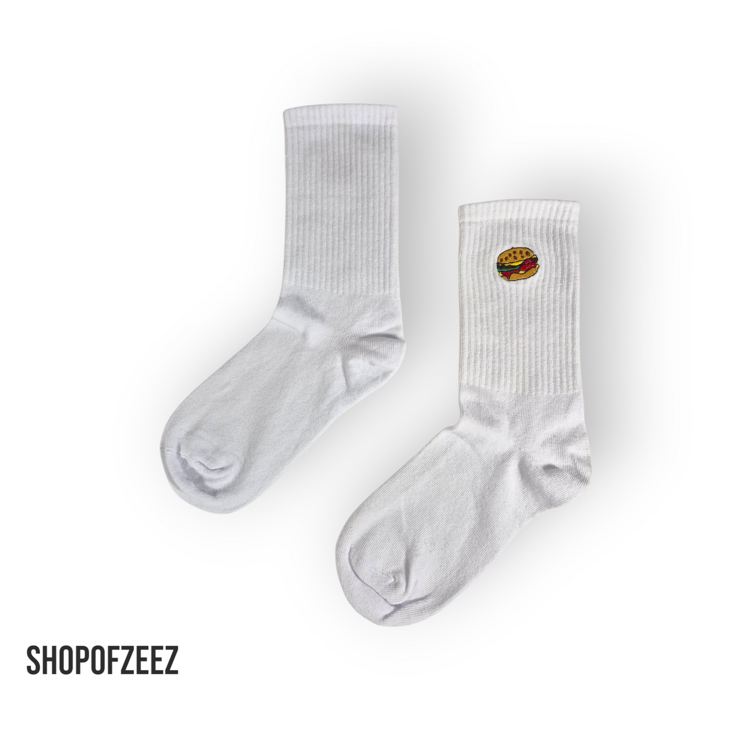 Weiße Sportsocken mit Fastfood-Stickerei – Burger – Lustige Unisex Socken