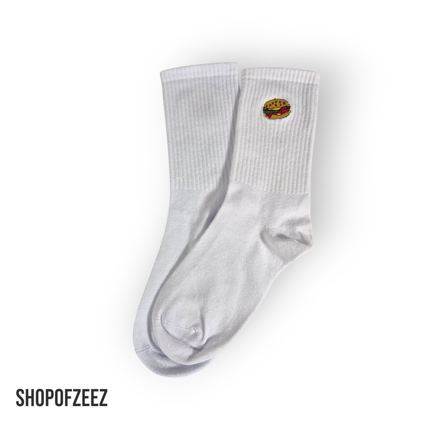 Weiße Sportsocken mit Fastfood-Stickerei – Burger – Lustige Unisex Socken