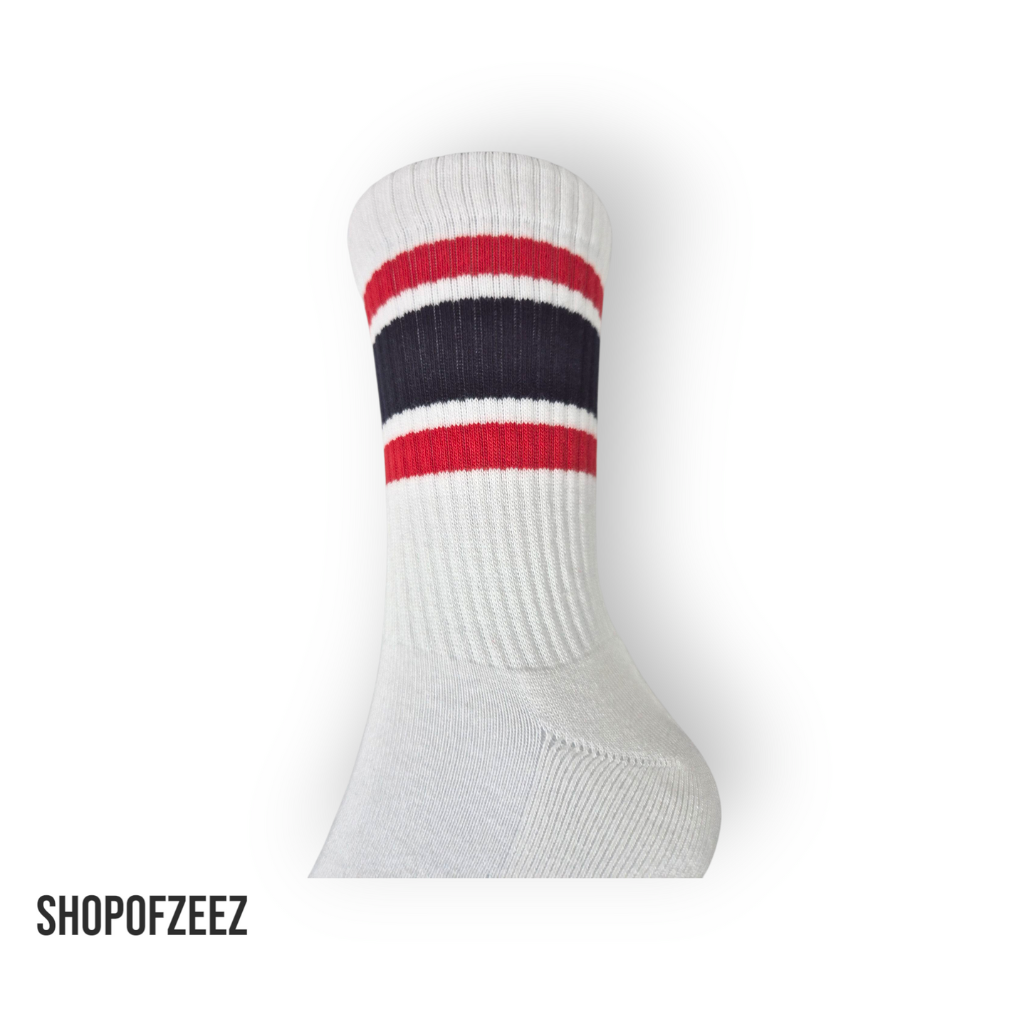 Marineblau und rot gestreifte Sportsocken