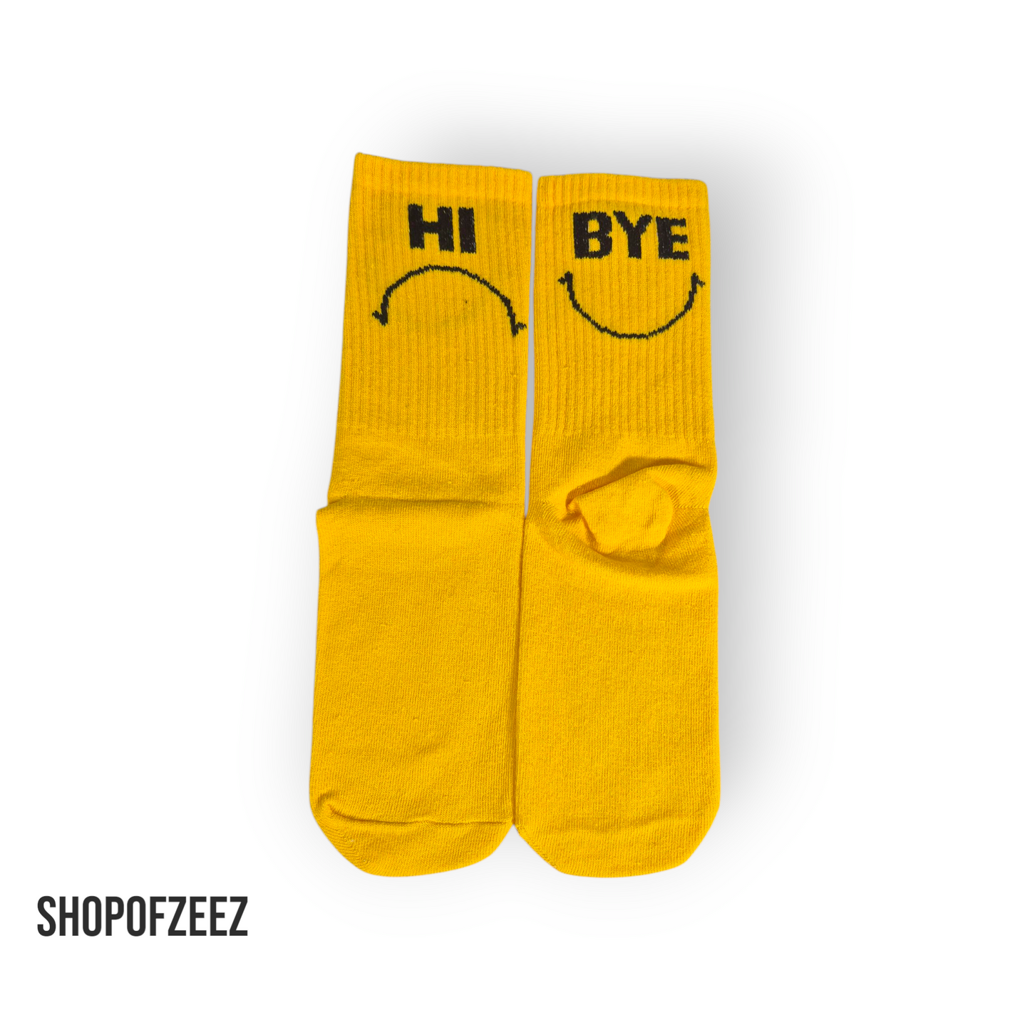 HI & BYE Smiley Socken – Lustige gelbe Motivsocken
