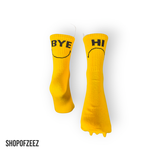 HI & BYE Smiley Socken – Lustige gelbe Motivsocken