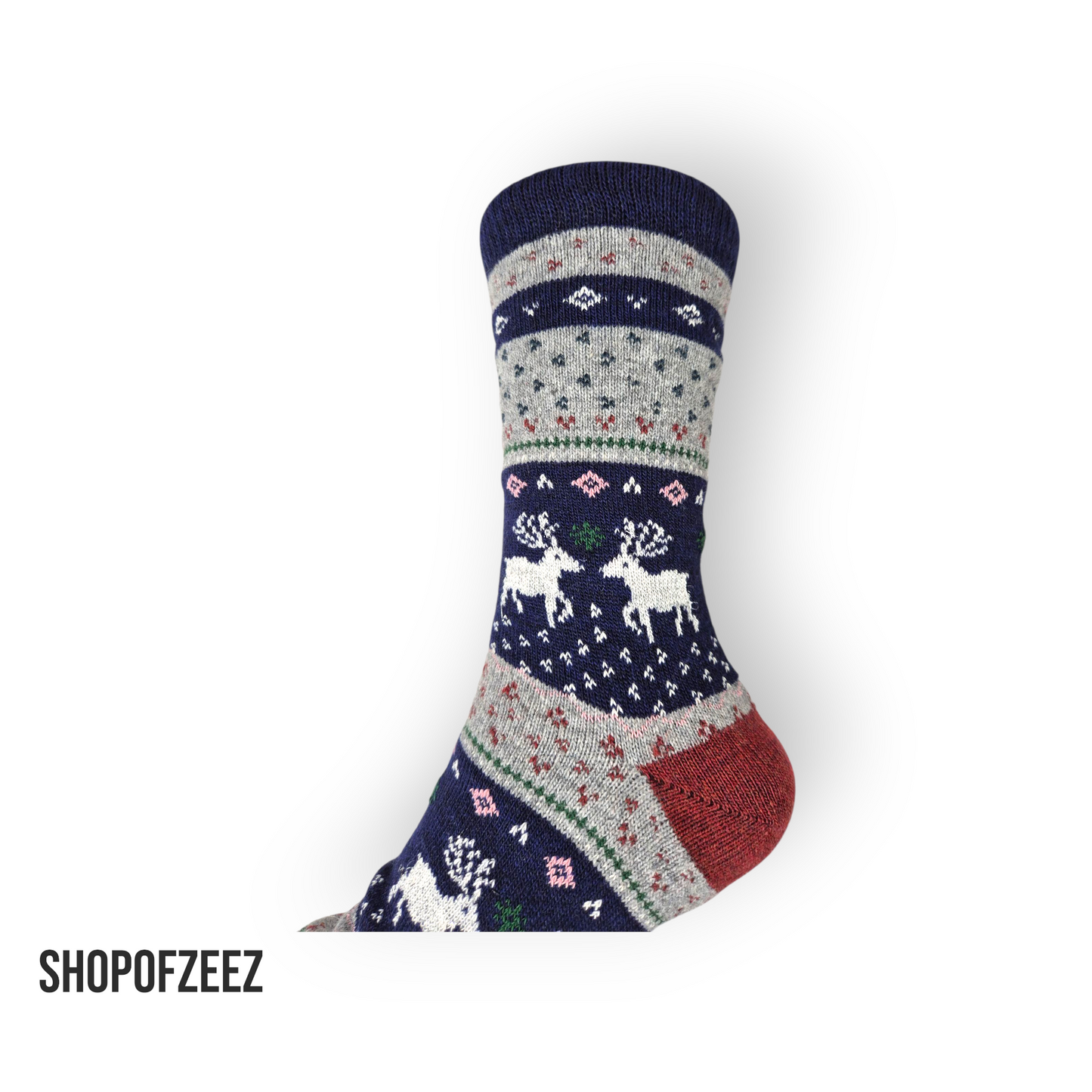 grau-marineblau-burgunderrote Weihnachtssocken mit Rentier