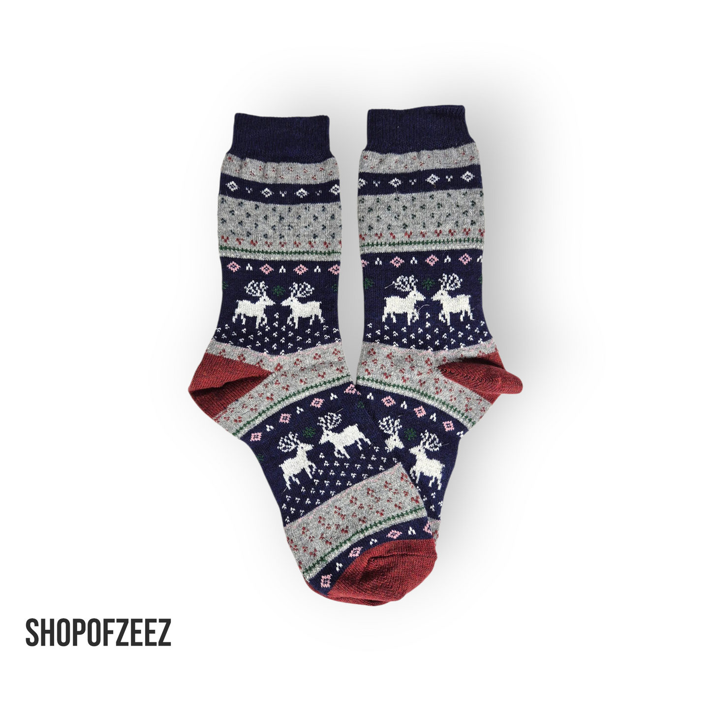 grau-marineblau-burgunderrote Weihnachtssocken mit Rentier