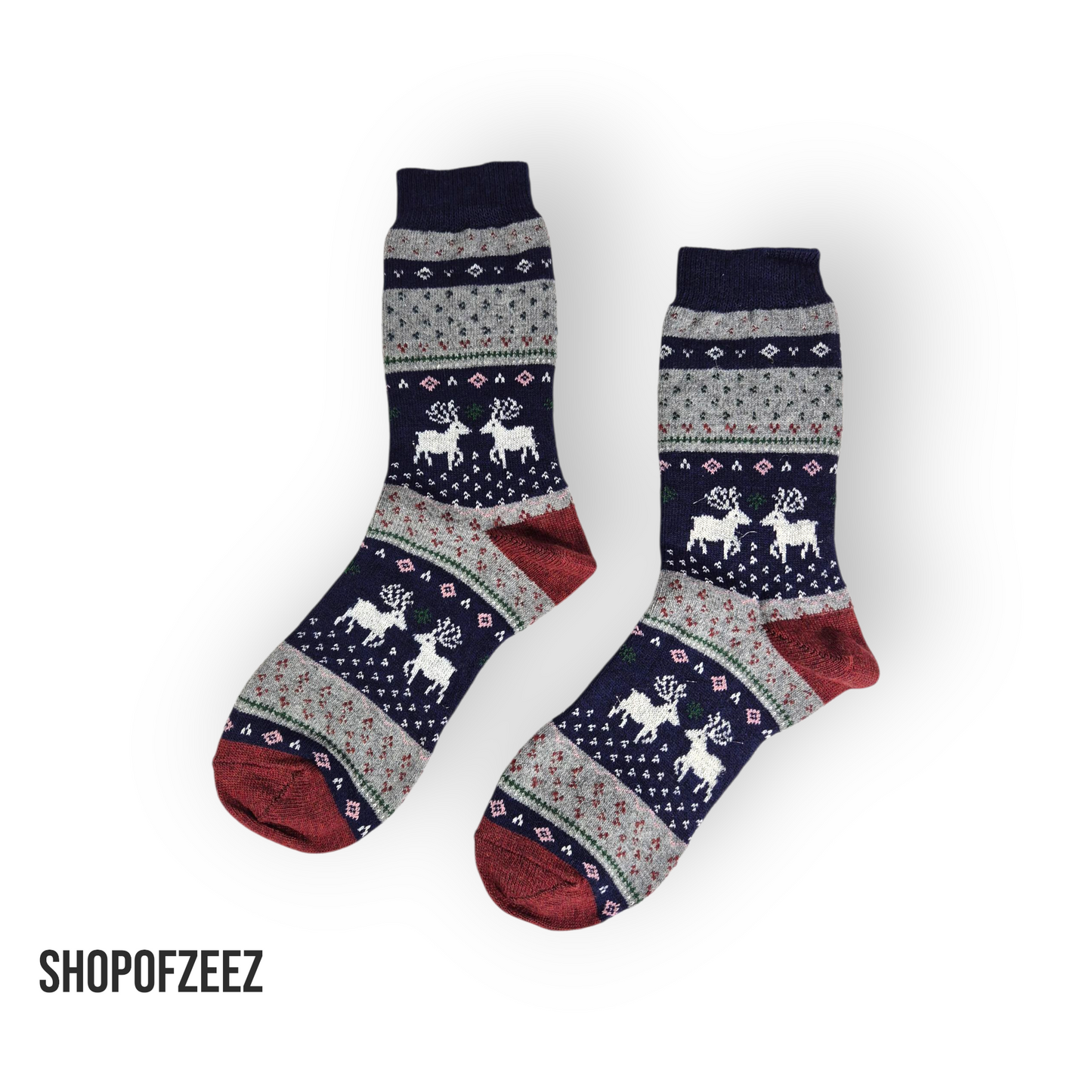 grau-marineblau-burgunderrote Weihnachtssocken mit Rentier