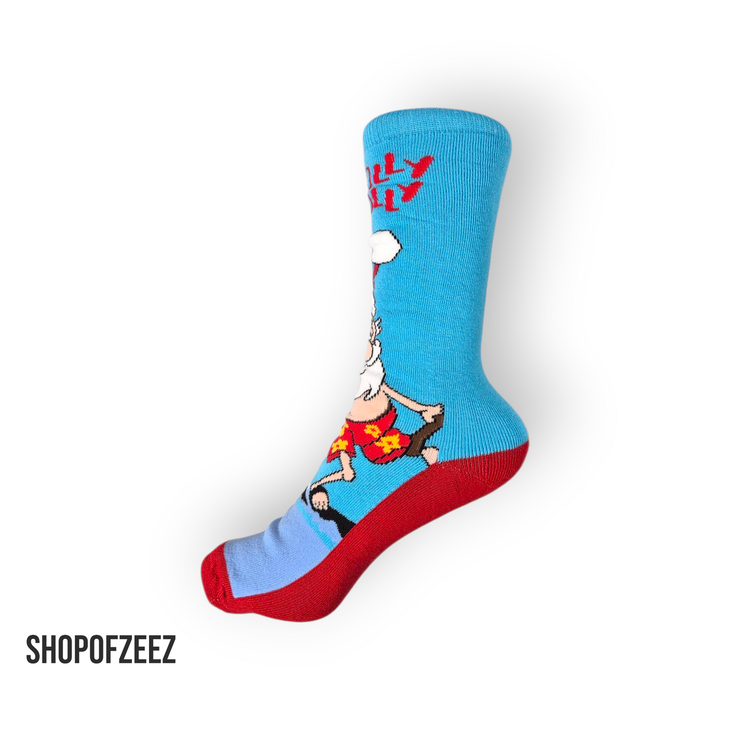 Fröhliche Weihnachtssocken mit surfendem Weihnachtsmann. Warm, weich und perfekt als Geschenk.