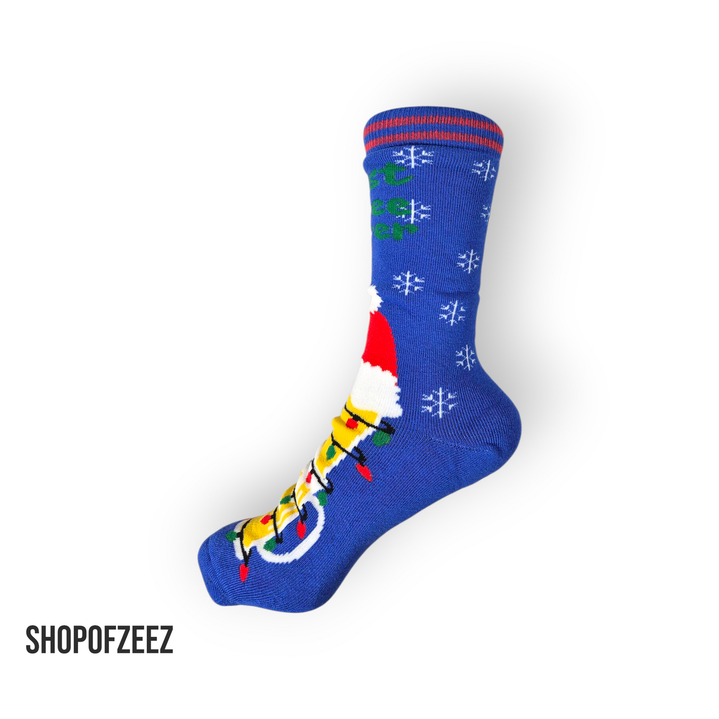 Lustige Weihnachtssocken mit Biergläser-Motiv und Best-Tree-Ever Schriftzug – blau – unisex.