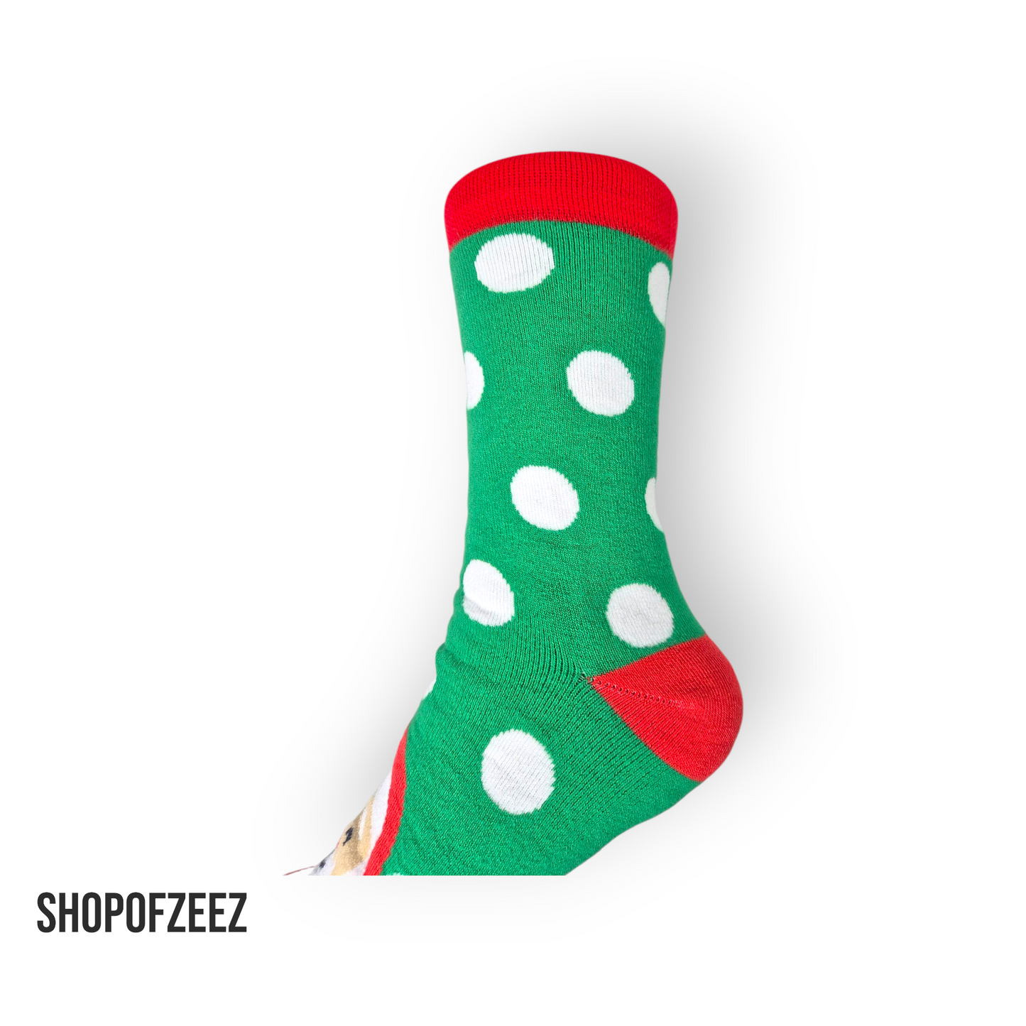 Grüner Santa“ Weihnachtssocken – Polka Dots & Weihnachtsmann