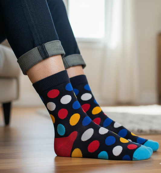 Dunkelblau mit bunten Punkten