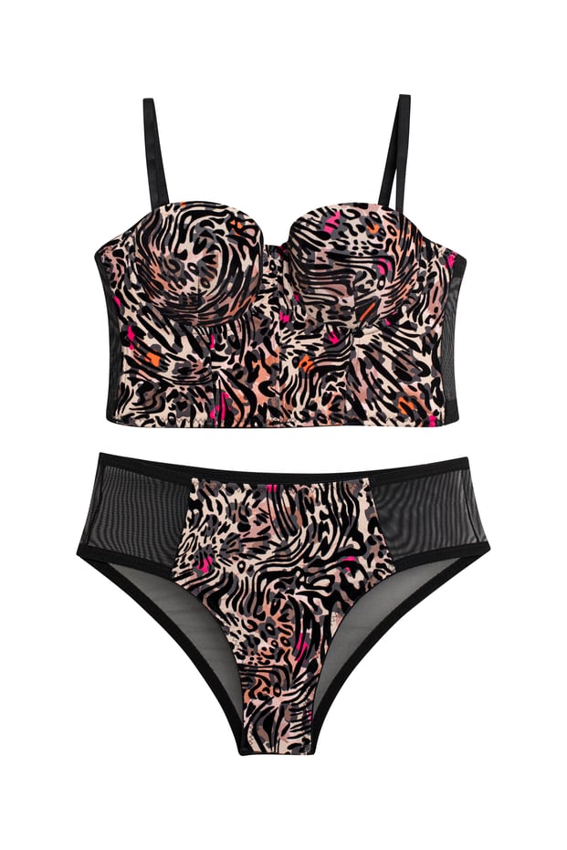 Luxuriöses Push-Up Dessous Set – Balconette BH (B-Cup) & High-Waist Slip | Recyceltes Polyamid, Animal Print
