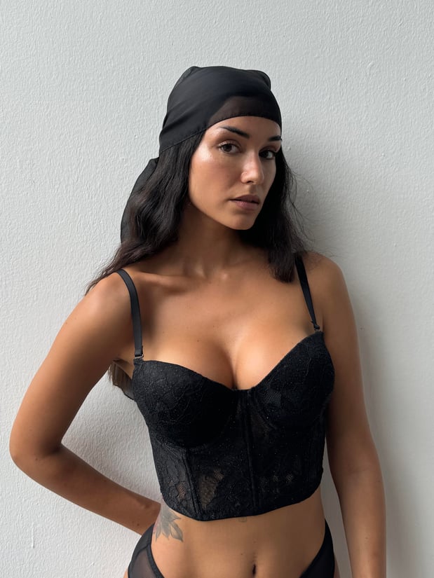 Elegantes Damen Dessous Set – Schwarzes Bustier mit Spitze & transparenter Slip