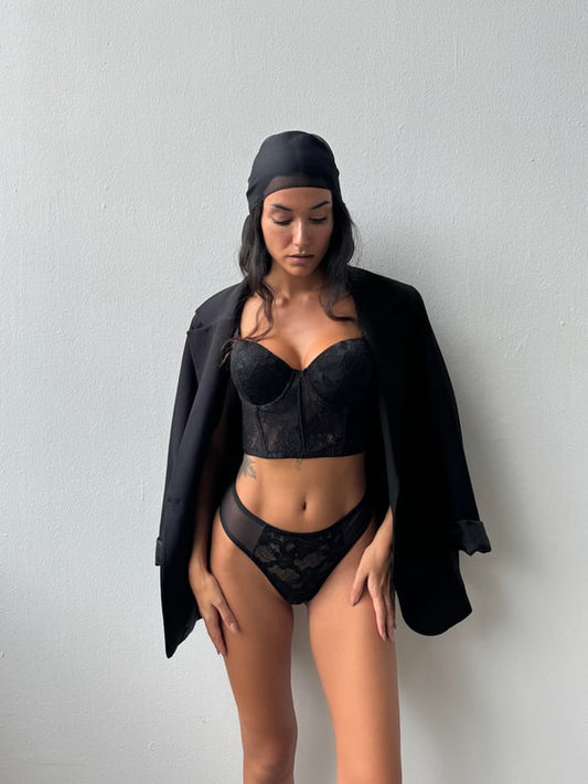 Elegantes Damen Dessous Set – Schwarzes Bustier mit Spitze & transparenter Slip