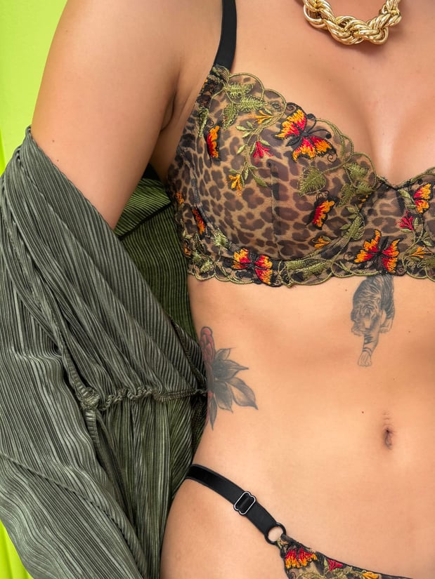 Leoparden-Schmetterling Brodé Dessous Set – Bügel-BH & Brazilian Slip, Ohne Polster, Verstellbar, 2-teilig