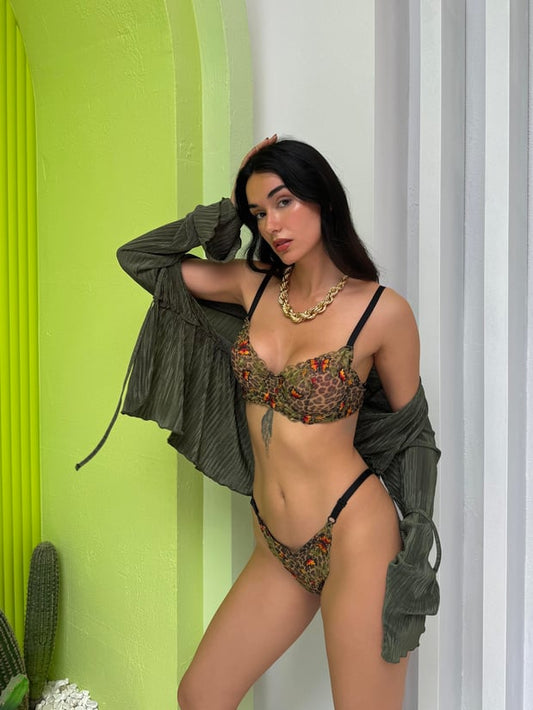 Leoparden-Schmetterling Brodé Dessous Set – Bügel-BH & Brazilian Slip, Ohne Polster, Verstellbar, 2-teilig