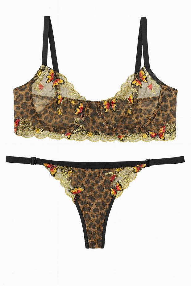 Leoparden-Schmetterling Brodé Dessous Set – Bügel-BH & Brazilian Slip, Ohne Polster, Verstellbar, 2-teilig