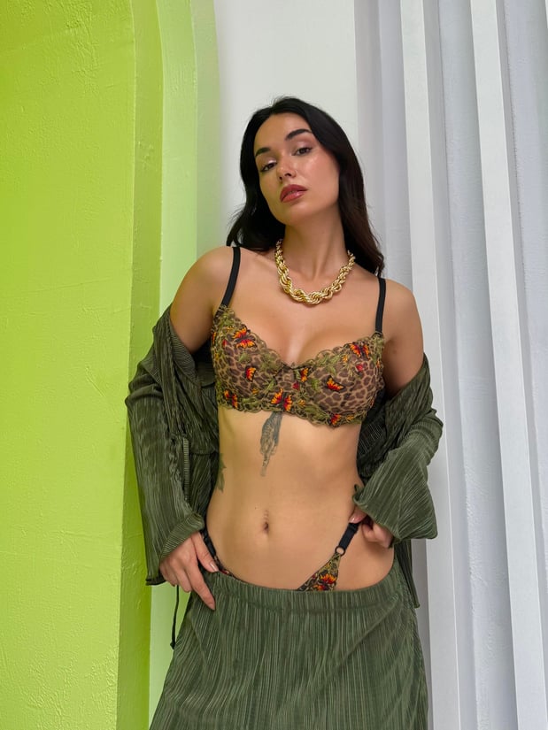 Leoparden-Schmetterling Brodé Dessous Set – Bügel-BH & Brazilian Slip, Ohne Polster, Verstellbar, 2-teilig