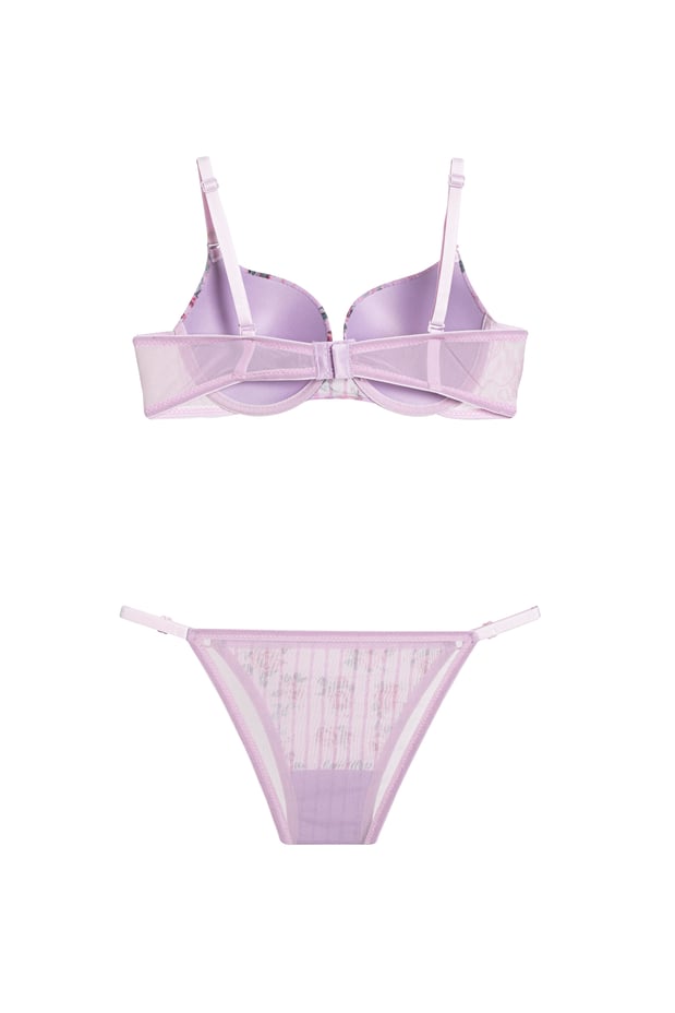 Lila Dessous-Set mit Glitzer & Blumenmuster – Push-Up BH (B-Cup) & Slip