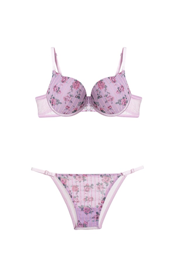Lila Dessous-Set mit Glitzer & Blumenmuster – Push-Up BH (B-Cup) & Slip