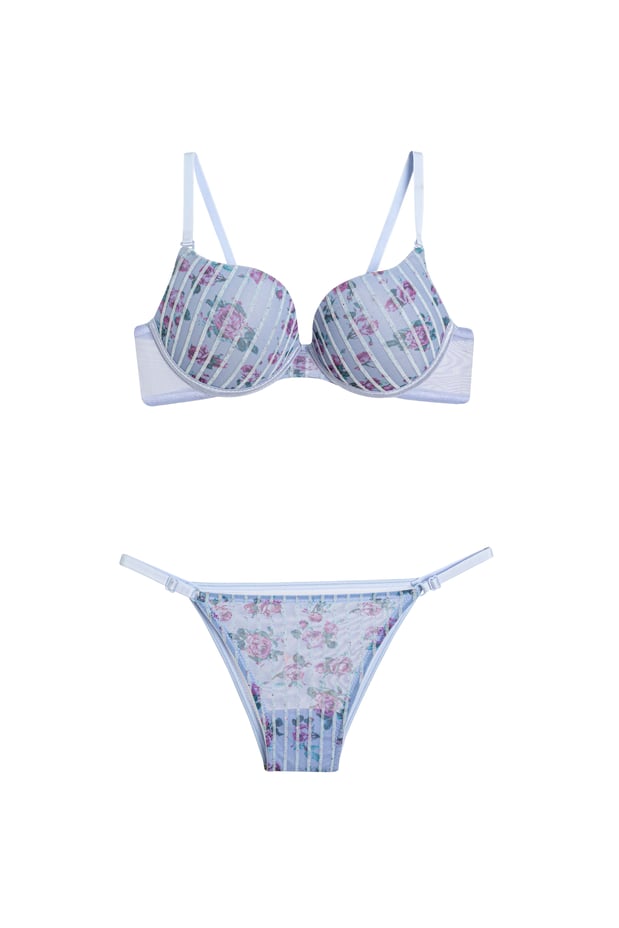 Glitzer Blumen Dessous Set – Halbgepolsterter Bügel-BH + Verstellbarer Slip – Hellblau