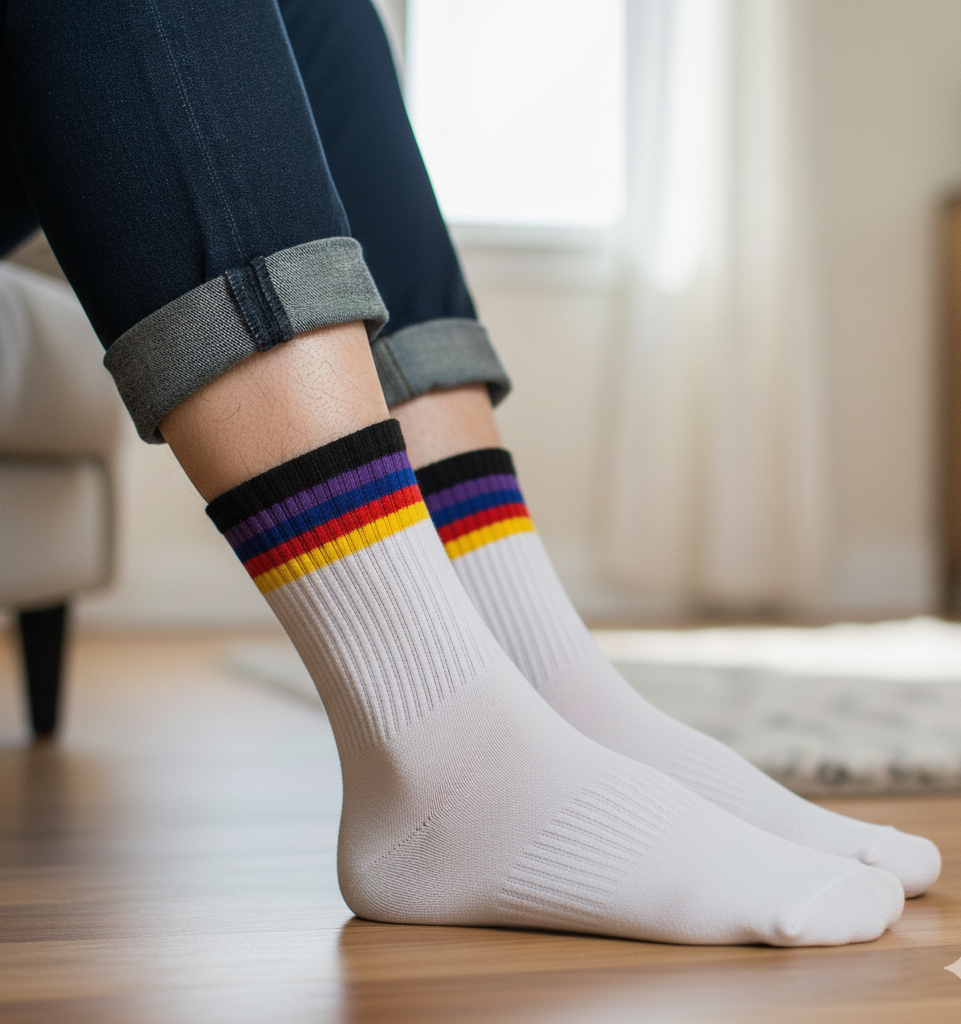 Weiß mit horizontalen Regenbogenstreifen am Bund